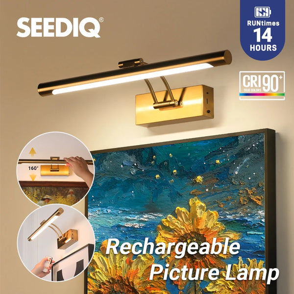 A rechargeable picture lamp mounted on a wall, illuminating a painting.