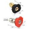 A set of five high pressure washer nozzles with quick connectors shown in various sizes and colors.