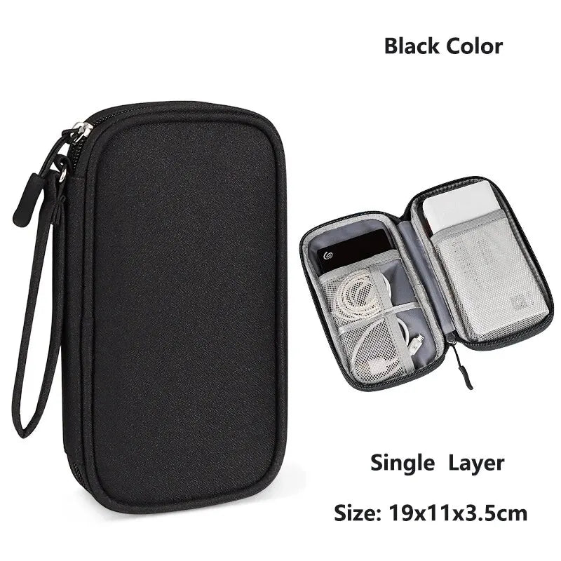 Black waterproof nylon cable organizer travel case with a single layer design and dimensions 19x11x3.5cm