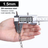 A hand holds a digital caliper measuring a metal chain, demonstrating its 1.5mm thickness.
