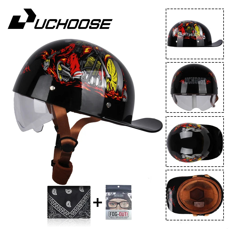 A black retro open face motorcycle helmet with a graphic design and a brown leather visor is shown next to accessories.