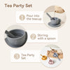 A three-step guide showing how to use a tea party set with a teapot, stirring spoon, and tea set.