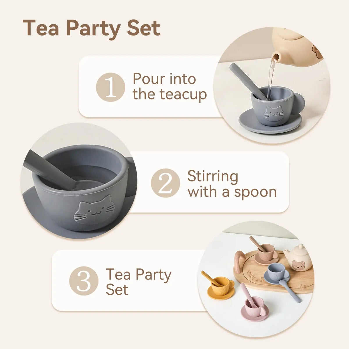A three-step guide showing how to use a tea party set with a teapot, stirring spoon, and tea set.