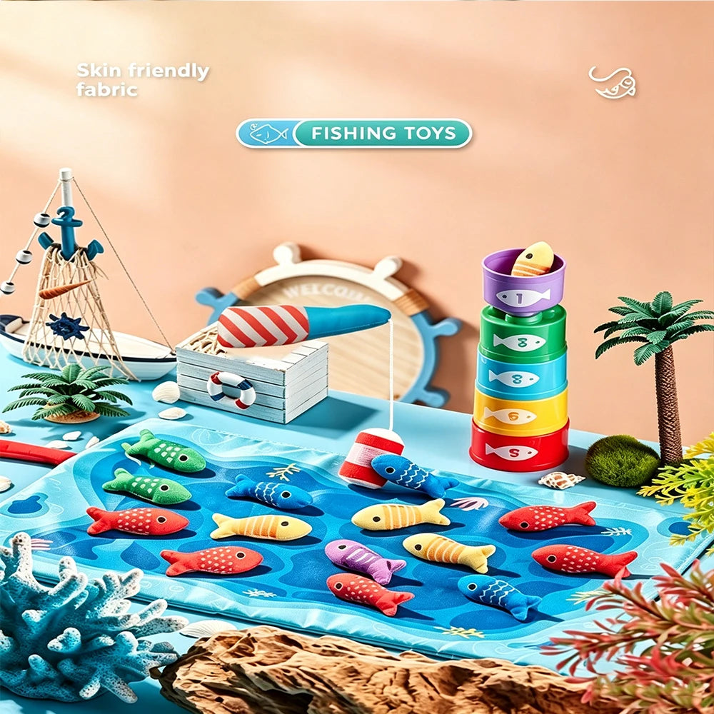 A colorful fabric fishing game featuring various fish and sea creatures on a blue mat for toddlers.