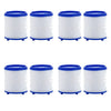 Four white rotating water filters with blue caps and splash guards.