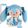 A soft blue Hatsune Miku plush doll figure with large ears and a stylized outfit.