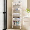 A tall, white tiered storage rack with multiple shelves for bathroom or kitchen supplies is shown next to a glass door.