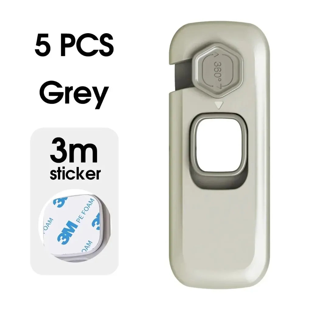Five grey safety cabinet locks with 3m stickers shown next to a single lock.