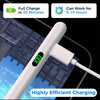 A white precision stylus pen with tilt support is shown plugged into a charging port, highlighting highly efficient charging 