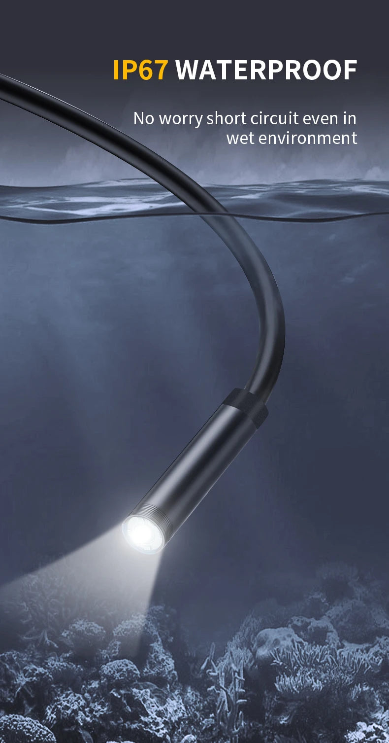 A close-up of a black inspection camera with a waterproof lens shining light underwater.