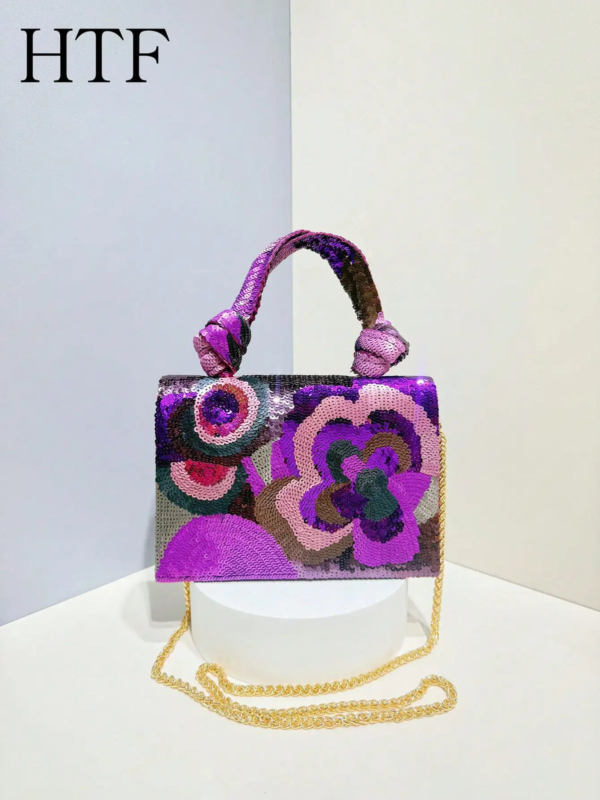 Sequin Floral Evening Clutch with Chain