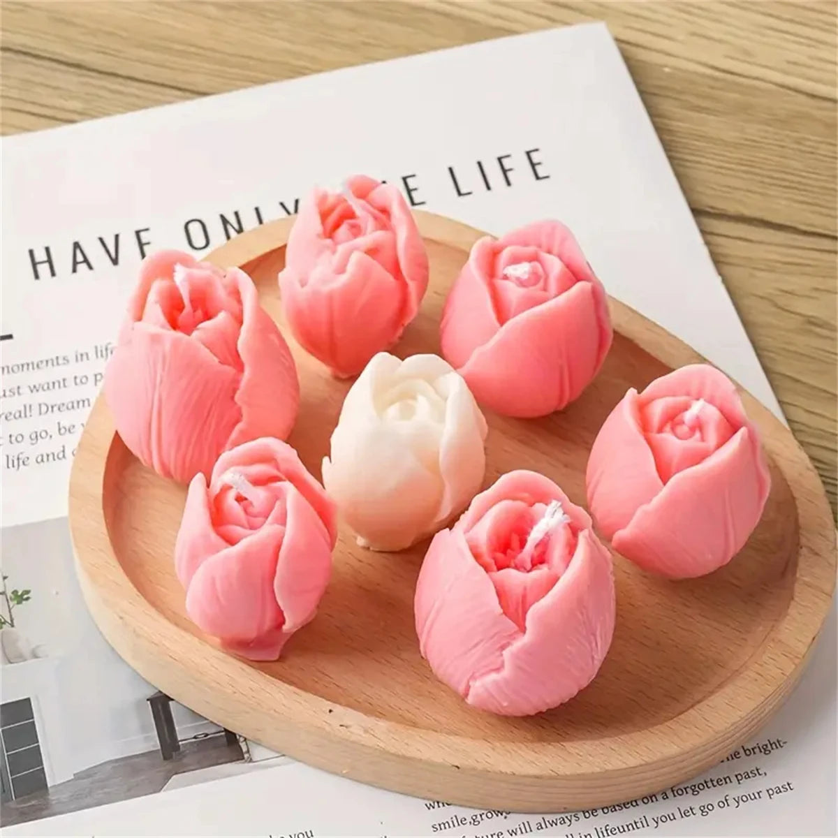 Pink silicone tulip molds used for making candles and soap