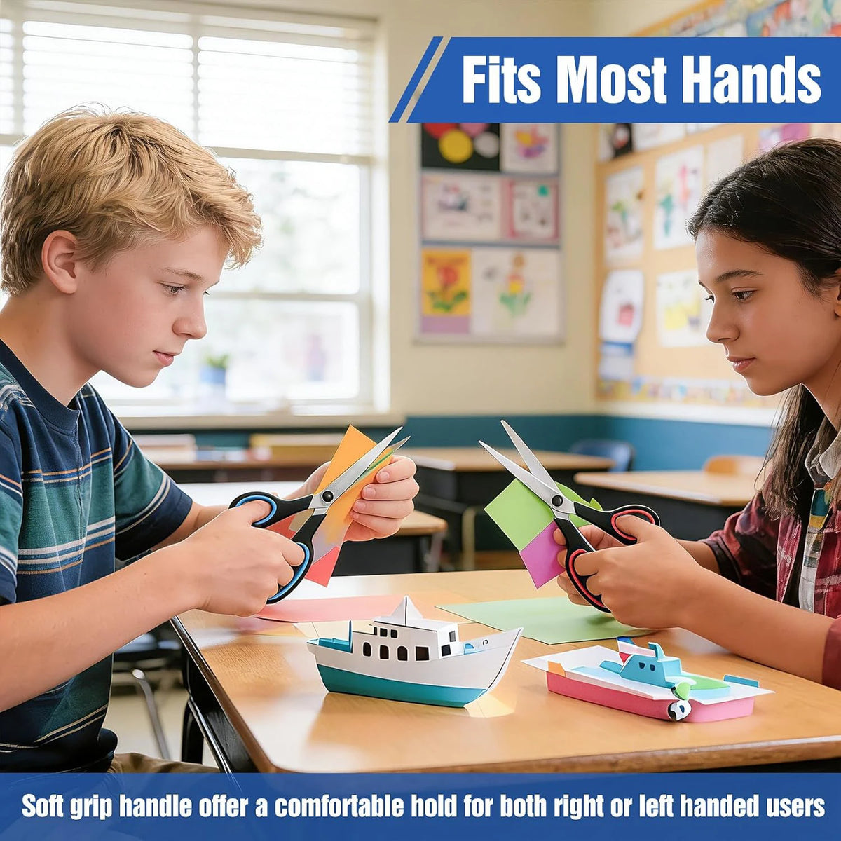 Two students use multipurpose stainless steel scissors with soft-grip handles to cut paper crafts.