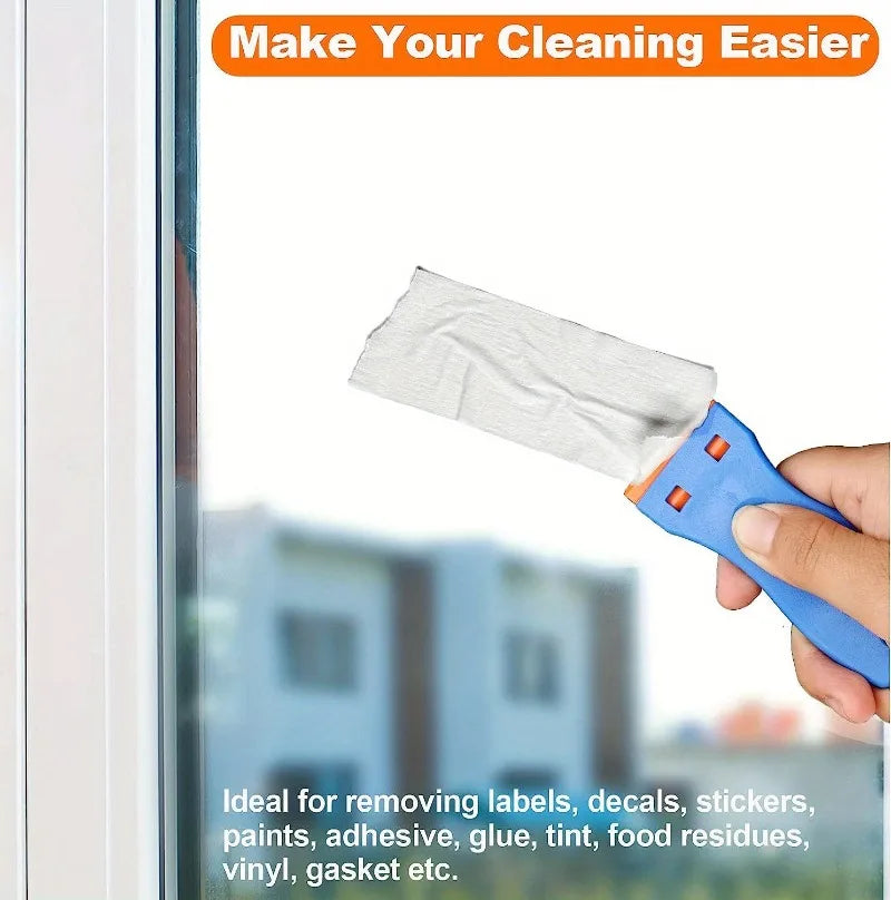 A hand is using a blue plastic scraper with a white cloth to remove labels, decals, and residues from a window.