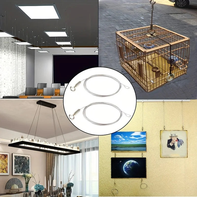 An adjustable stainless steel cable hanging kit used for displaying frames and decor items.