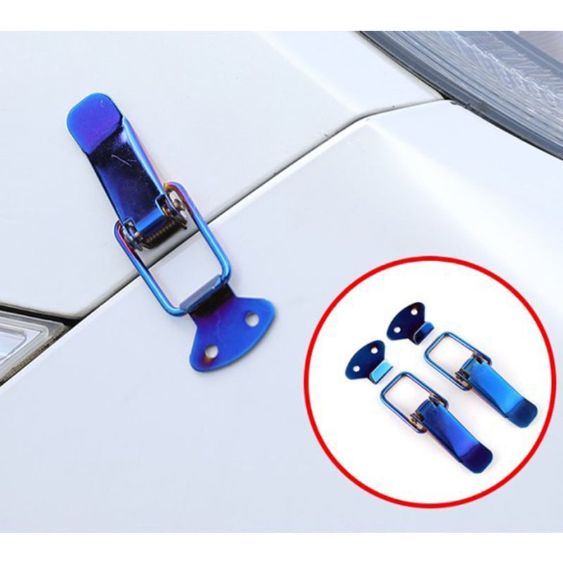 A blue carbon fiber rear trunk locking buckle set for cars shown on a white surface.