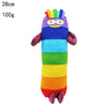 A colorful plush doll shaped like a rainbow, featuring stripes of purple, blue, green, and yellow.