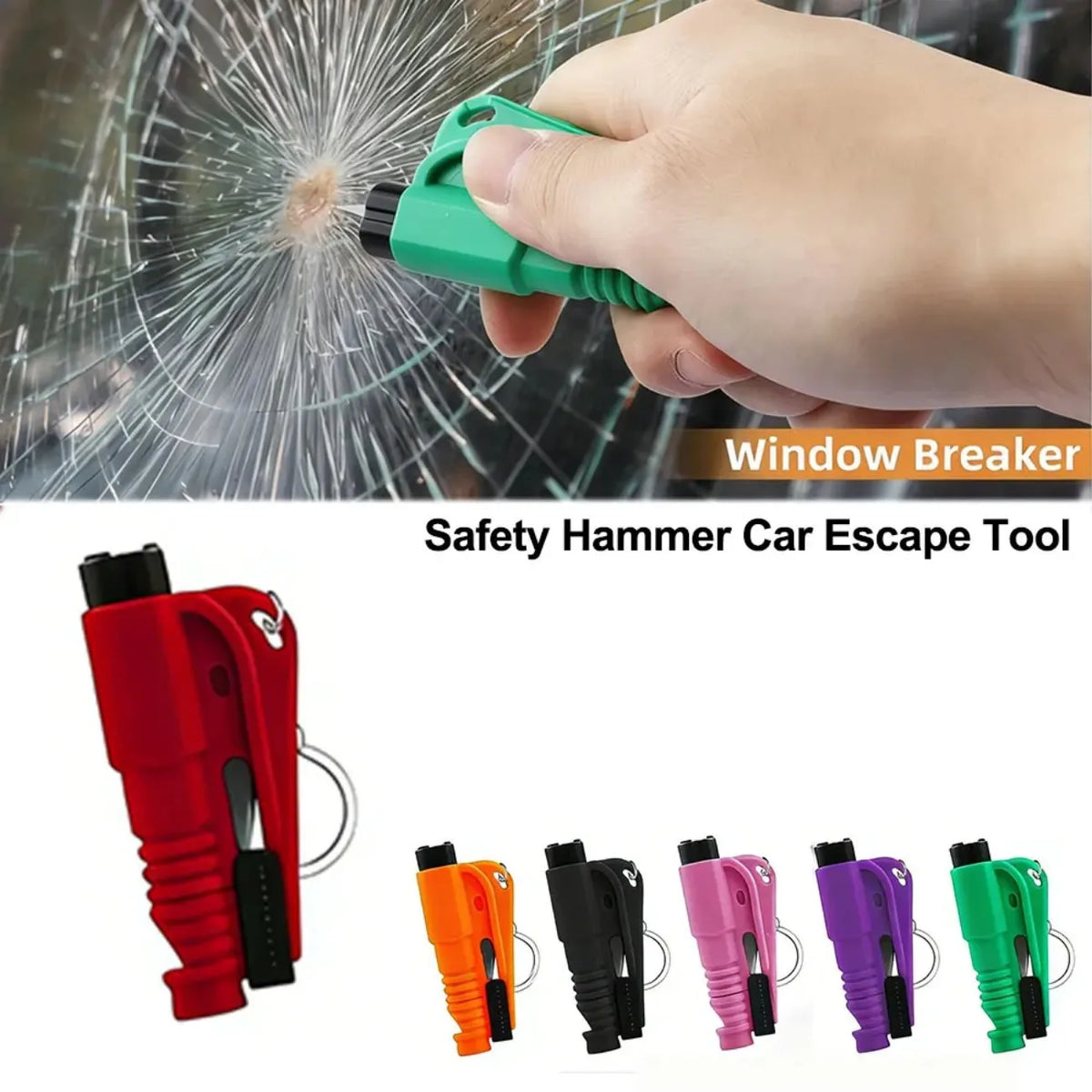 A set of red, orange, black, pink, purple, and green safety hammer car escape tools for emergency use.
