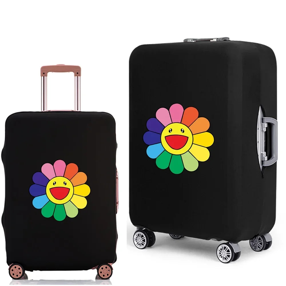 Black suitcase with a daisy print graphic on the side