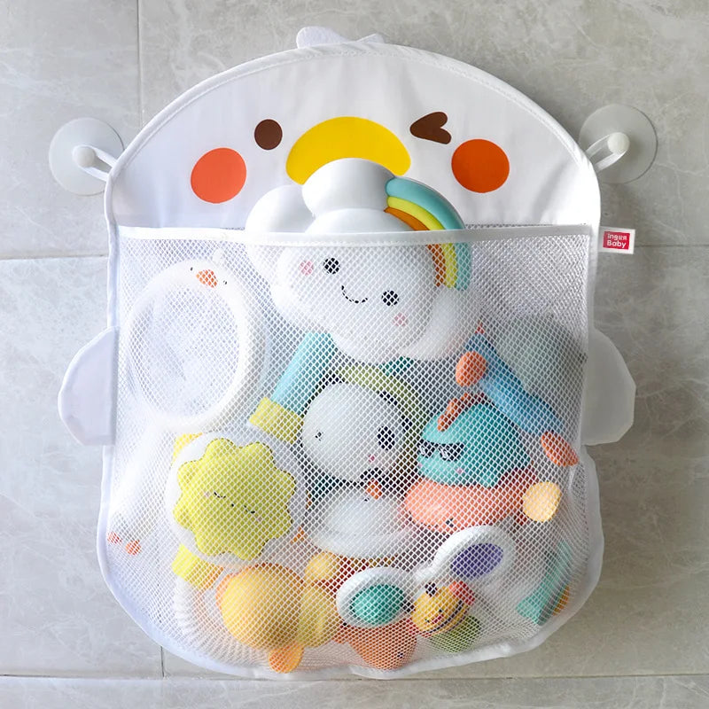 A white mesh bag with a duck face design holds various bath toys and accessories.
