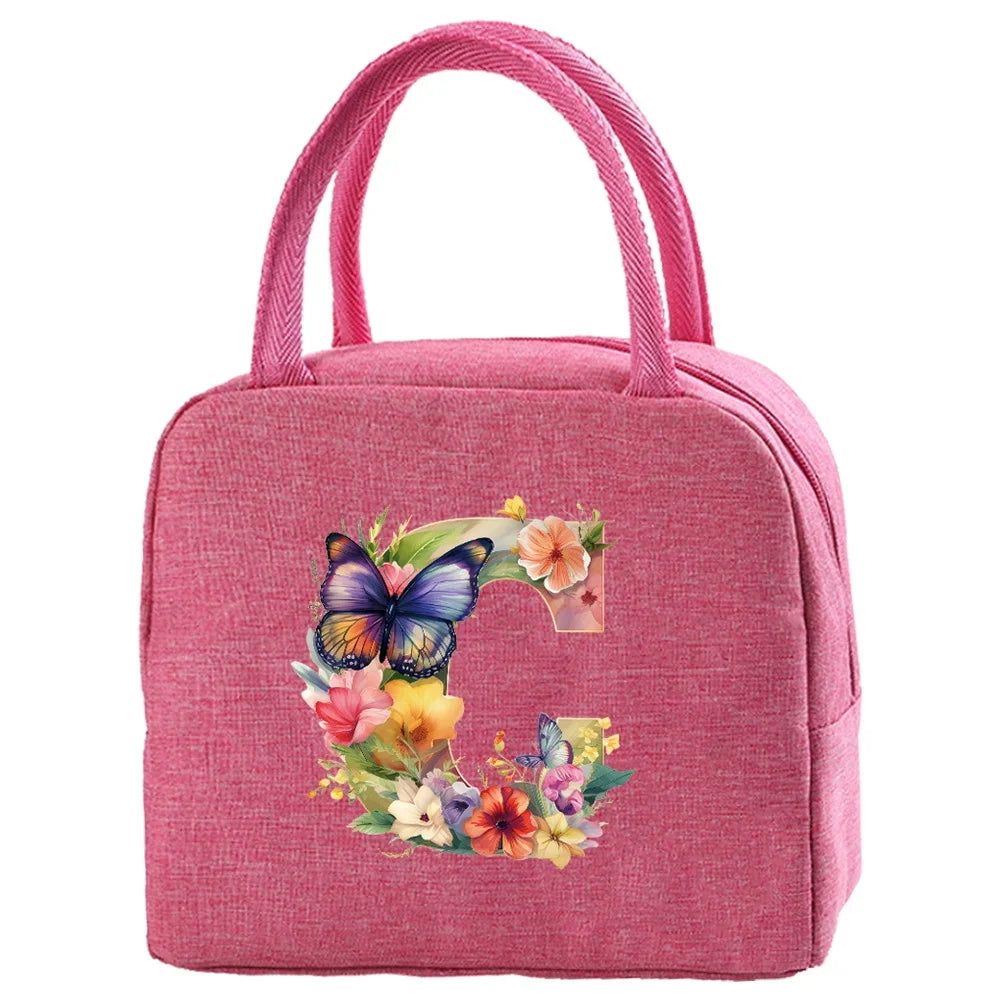 Insulated Canvas Lunch Bag with Butterfly Letter Pattern