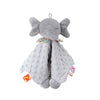 A gray elephant plush toy with a fabric blanket and colorful accents for babies.