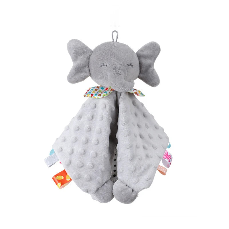 A gray elephant plush toy with a fabric blanket and colorful accents for babies.