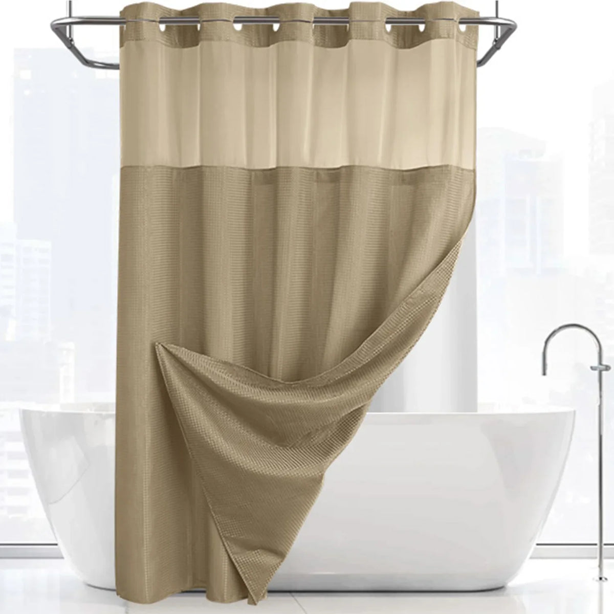 Double-Layer Waffle Shower Curtain with Built-in Snap Liner