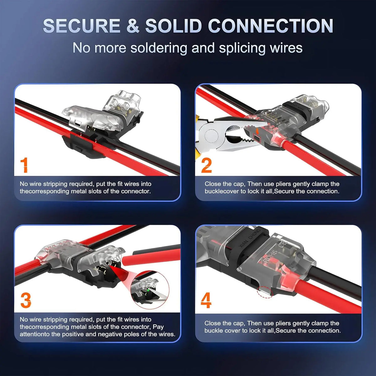 Diagram showing four steps for secure solderless wire connection using T-tap connectors and pliers.