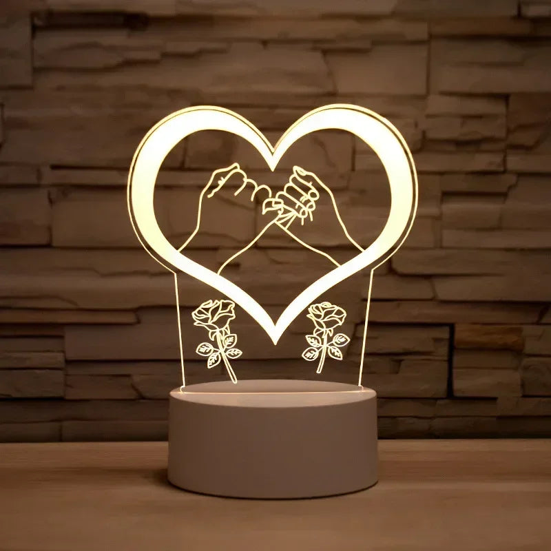 A glowing heart outline featuring two hands holding a rose, displayed on a round stand.
