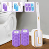 A white wall-mounted holder for a disposable toilet brush kit with purple and blue refill heads.