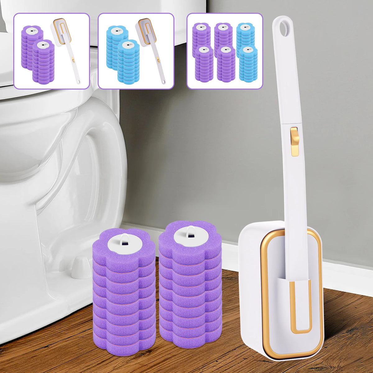 A white wall-mounted holder for a disposable toilet brush kit with purple and blue refill heads.