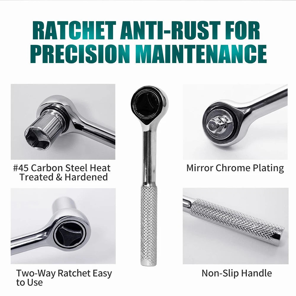 A set of ratcheting sockets and an Allen wrench with a mirror chrome plating and non-slip handle.