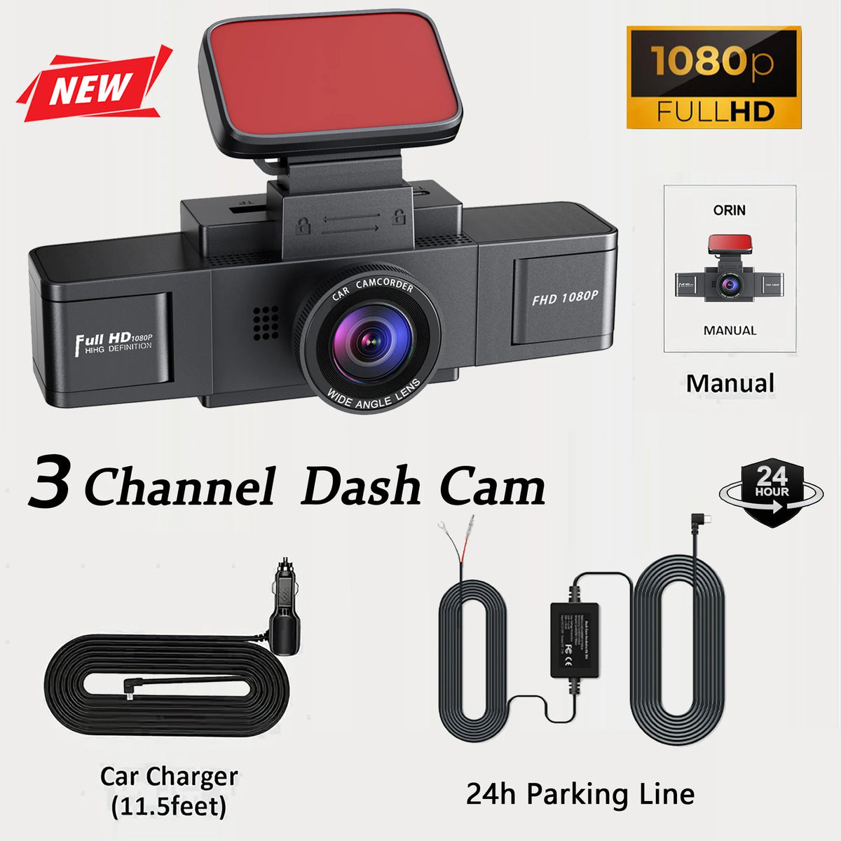A black 3-channel dash cam device with a large red screen and cables for charging and parking.