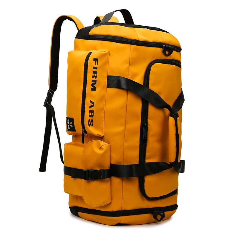A bright yellow tactical nylon backpack with black accents and branding.