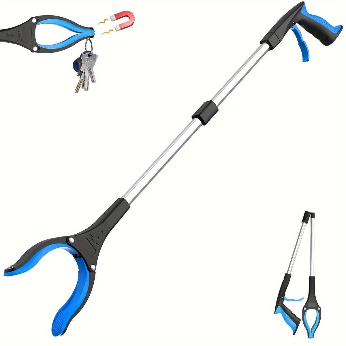 A silver and blue heavy-duty reacher grabber tool with a black handle and rotating clamp.
