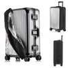 A silver suitcase with a transparent waterproof cover and black handle and wheels.