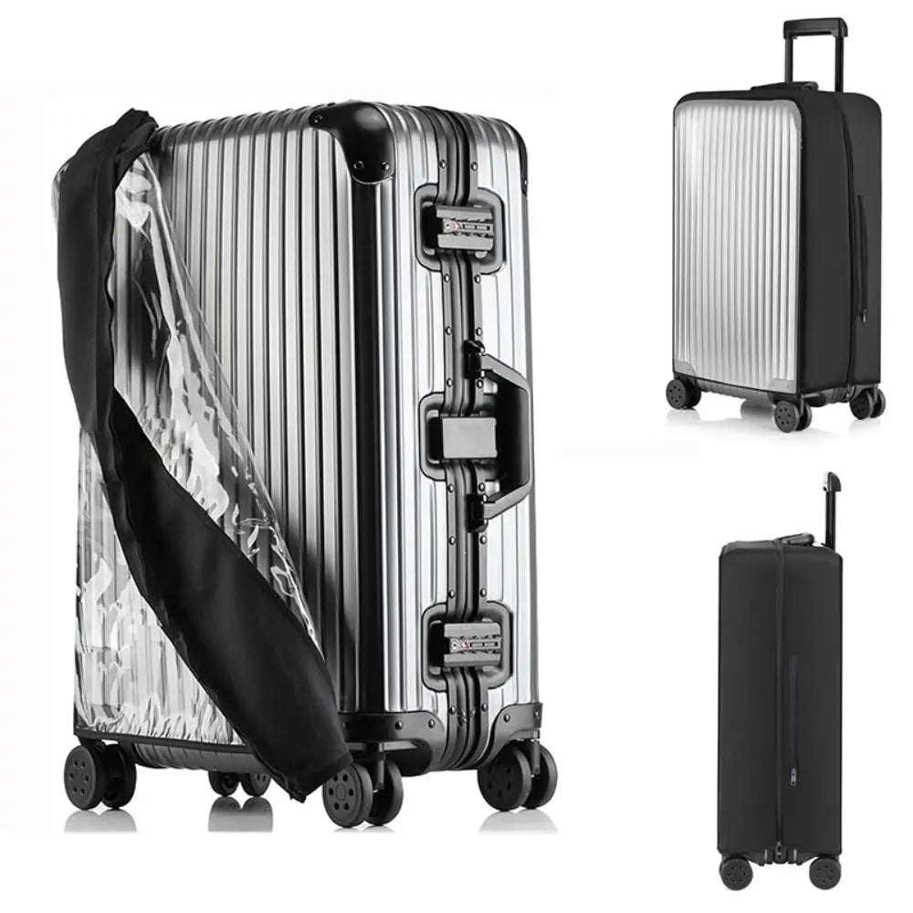 A silver suitcase with a transparent waterproof cover and black handle and wheels.