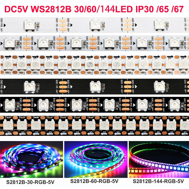 Three types of individually addressable RGB LED strips: DC5V WS2812B 30/60/144 LED, 60/67, and 144-RGB.