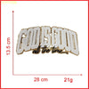 Embroidered God Is Good chenille iron-on patch measuring 13.5 cm long and 28 cm wide, weighing 21g.