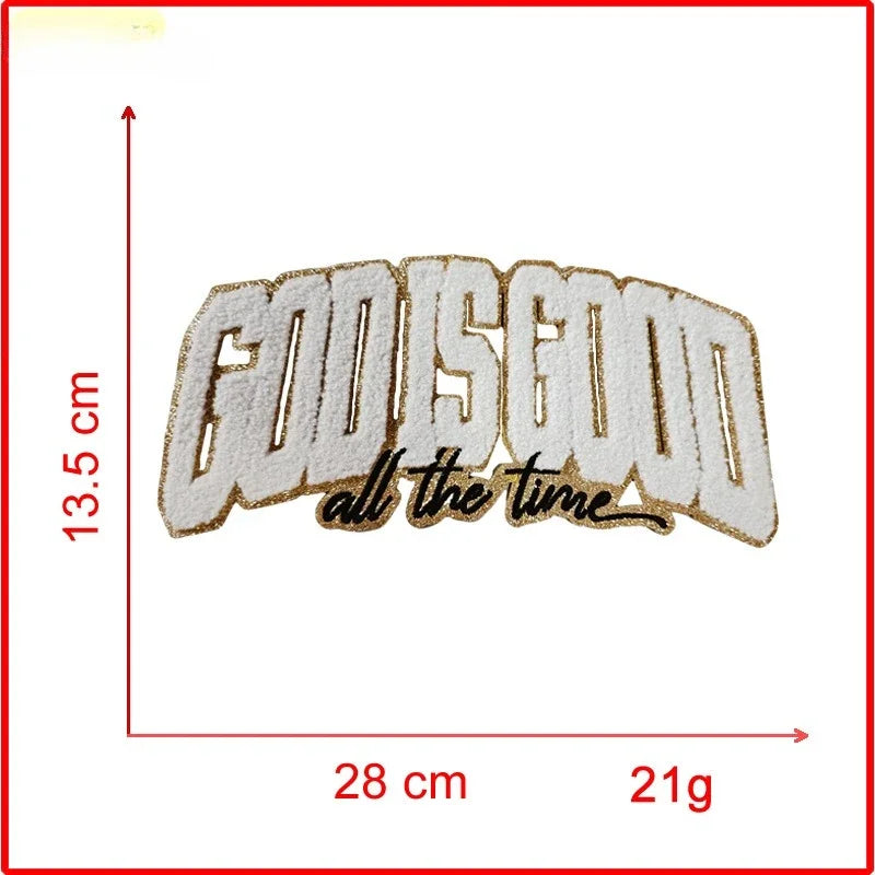 Embroidered God Is Good chenille iron-on patch measuring 13.5 cm long and 28 cm wide, weighing 21g.