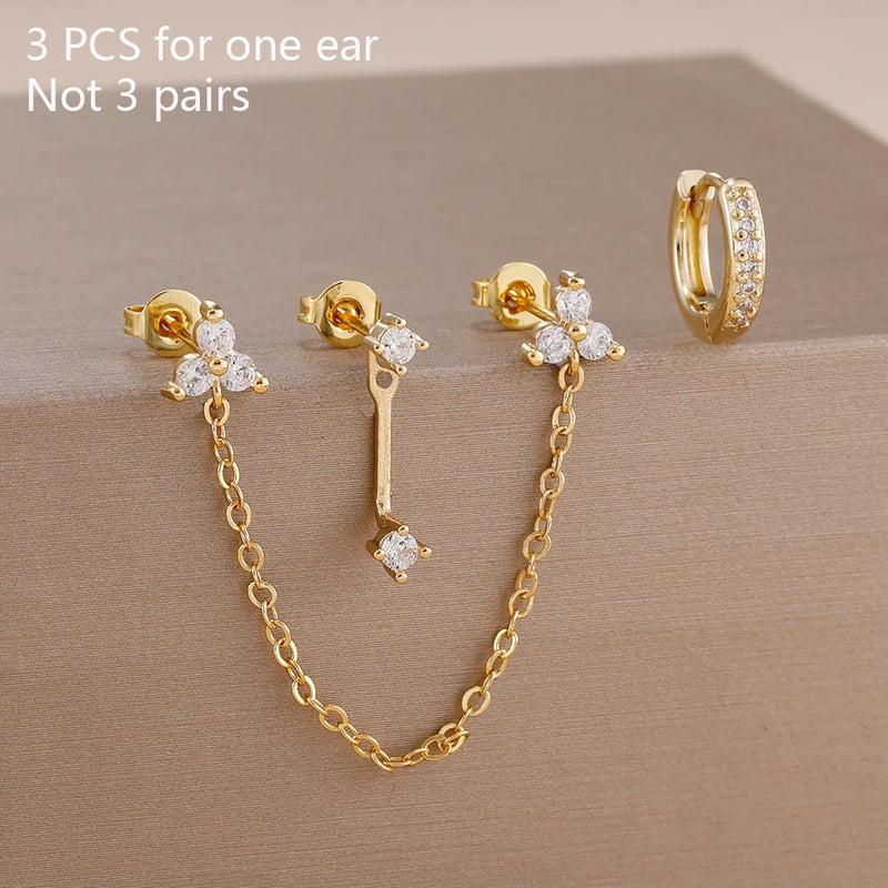 Double-Hole Link Chain Earrings with Green Zircon