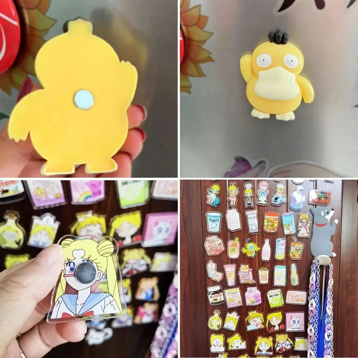A collection of colorful magnetic stickers displayed on a wooden surface.