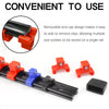 A black socket organizer rail with red and blue mounting handles and a removable end cap.