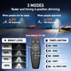 Diagram showing three modes of a solar-powered LED security flood light: radar and timing dimming for bright level control.