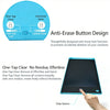Blue anti-erase button design on a drawing tablet showing unlocked and locked states, with a finger pressing the clear button