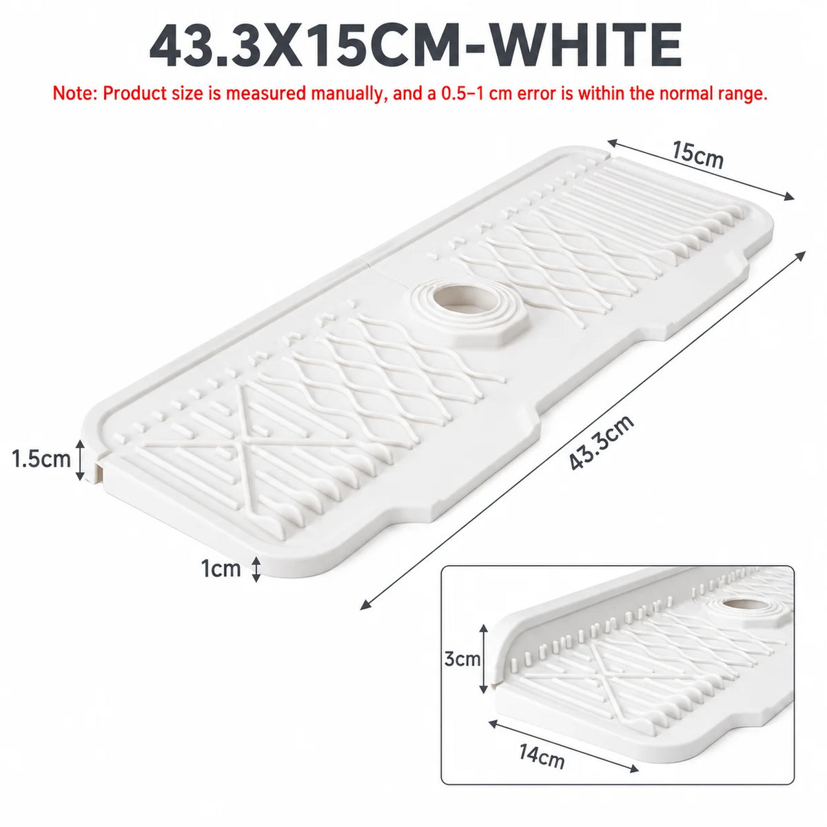 White sloped silicone faucet mat with a textured surface and a drain hole.