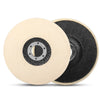 A round wool polishing wheel with a light beige center and a black abrasive surface.