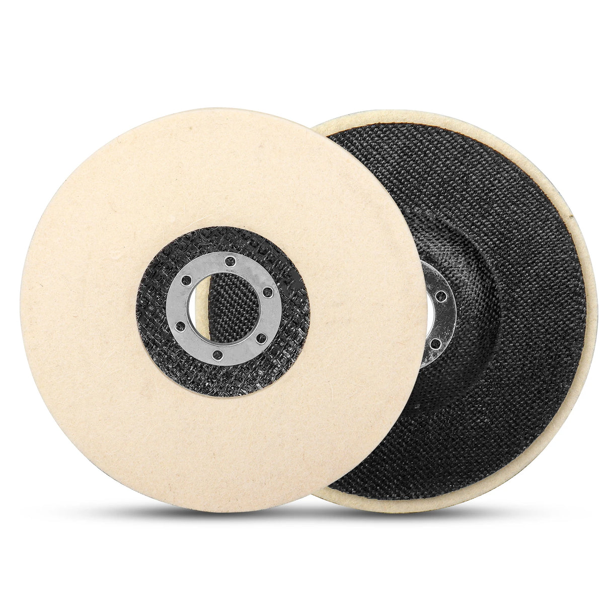 A round wool polishing wheel with a light beige center and a black abrasive surface.