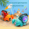 An electric sound and light projection climbing hermit crab toy with various colored crabs and musical notes.